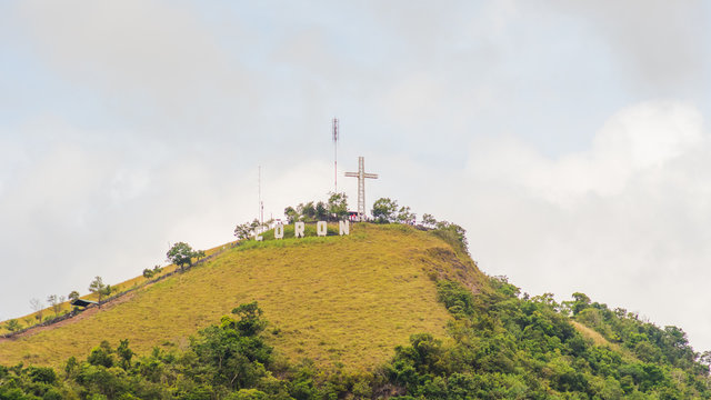 Coron sign with huge white letters on top of mount Tapyas - Main island in Busuanga territory at Calamian archipelago in northern part of Palawan.