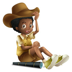 African american boy in safari outfit with telescope