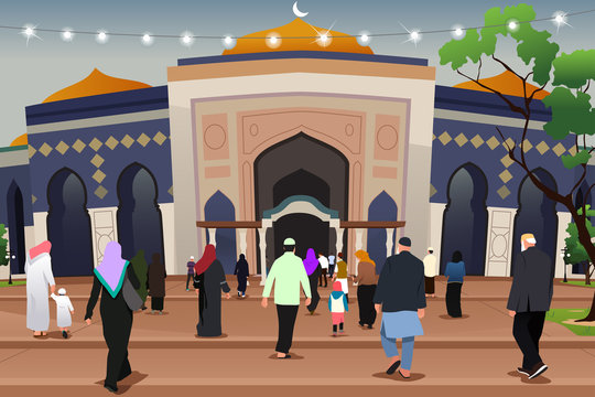 Muslims Going to Mosque to Pray Illustration