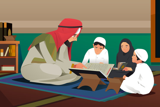 Imam Reading Quran With His Students Illustration