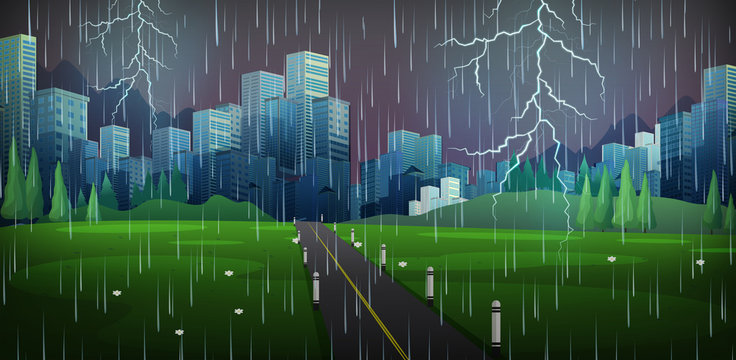 City scene with rain and thunders