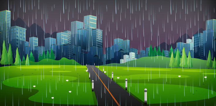 Background scene with raining in the city