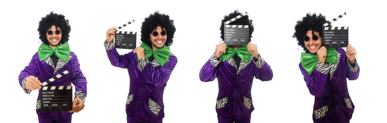 Funny man in wig with clapper board isolated on white