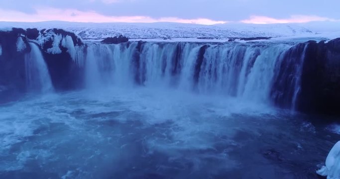 The Godafoss is a waterfall in Iceland. Aerial view and top view.