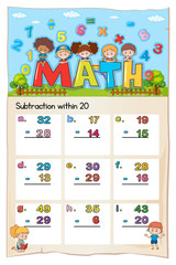 Math worksheet template for subtraction within twenty