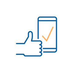 Obraz premium Check mark on smart phone screen with a thumbs up indicating success, approval, download complete, positive feedback. Vector thin line icon design illustration