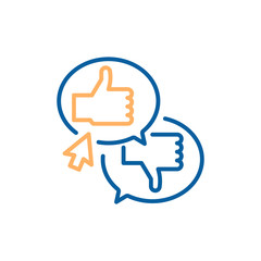 Choice between thumbs up and thumbs down. Mouse pointer clicking on like button instead of dislike. Speech bubbles. Vector thin line icon design