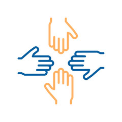 Vector thin line icons with 4 hands. Concept design for teamwork, success, charity, business, volunteers, performance group, equality and other concepts