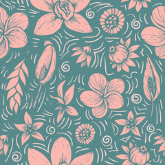 vector seamless beautiful artistic bright tropical pattern with banana, Syngonium and Dracaena leaf, summer beach fun, colorful original stylish floral background print, fantastic forest