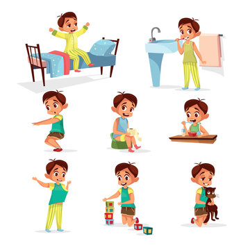Vector cartoon boy daily routine activity set. Male character wake up, stretch, brushing teeth doing gymnastics, toilet, dressing up eat breakfast play cat, cube toys. Illustration kid life schedule