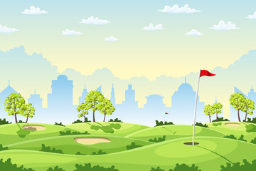 Countryside golf course with flags, greens and sand bunker. 