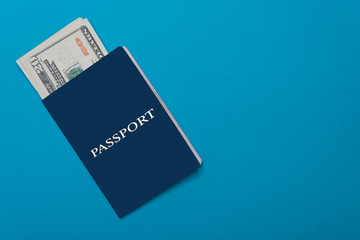 Blue passport lying on the background