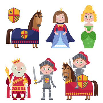 Colorful cartoon character of medieval tales showing princess and knight and king on white. 