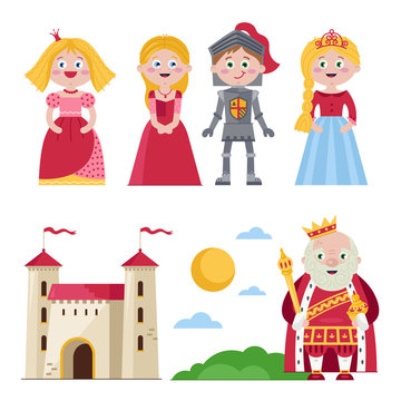 Set of cartoon princesses with knight and king near kingdom castle on white background. 
