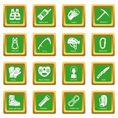 Speleology equipment icons set green square vector