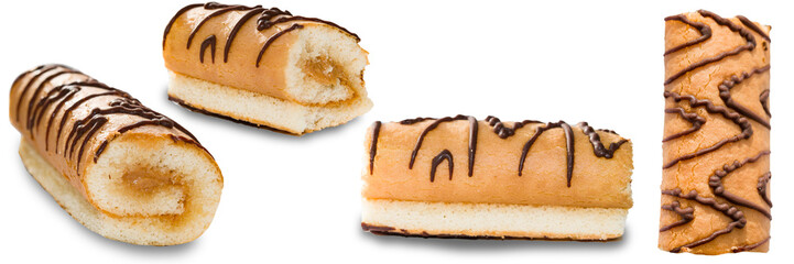 Set biscuit cake mini roll with cream and chocolate pattern, isolated on white background, close-up