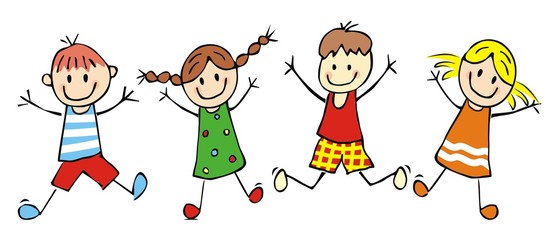 Happy kids, jumping girls and boys, funny vector illustration © janista