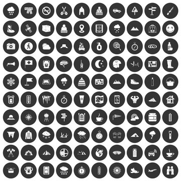 100 mountaineering icons set black circle