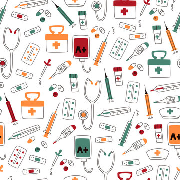 Medical Seamless Pattern with Instruments on White Background.