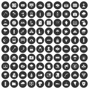 100 natural disasters icons set black circle