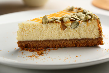 Tasty cheese cake on plate