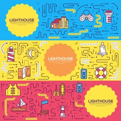 Fototapeta premium Thin line building of lighthouse brochure card set. Working glowing at night at the ocean template of flyear, magazines, poster, book cover, banners. Outline invitation concept