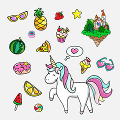 Set of hand drawn illustrations of a magic unicorn and different attributes