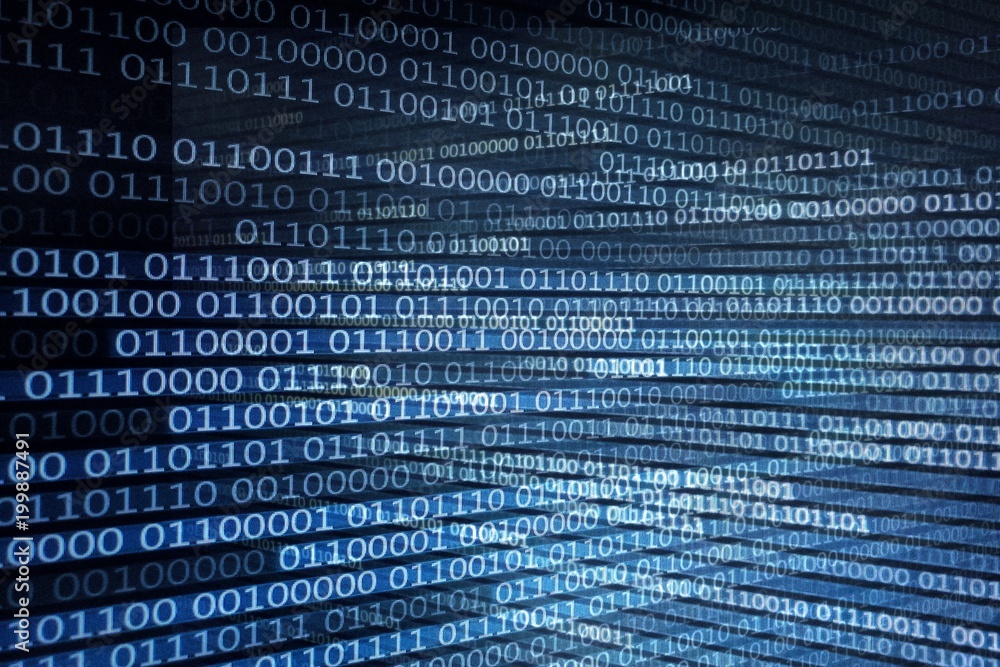 Poster binary code future technology, blue cyber business security concept background, hi speed motion digi
