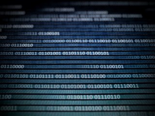 blue led display screen showing one and zero number binary code data. internet information transfers concept background for technology advancement work.