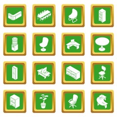 Office furniture icons set green square vector