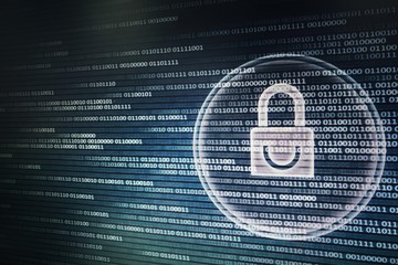 password protection for online internet network. Photo of computer screen display lighi white padlock icon with circle white light lines on binary background. cyber security concepts with len flare.