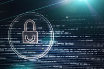 password protection for online internet network. Photo of computer screen display lighi white padlock icon with circle white light lines on binary background. cyber security concepts with len flare.