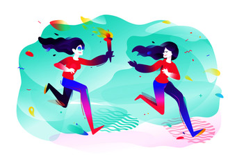 Illustration of girls with a torch. Running girls. Vector flat illustration. Illustration for banner and print. Image is isolated on white background. Gradient. Business illustration. The startup.