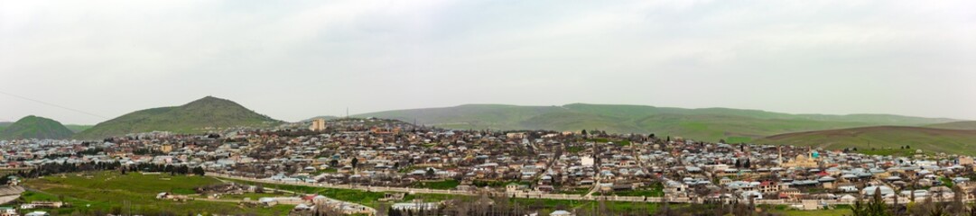 Fototapeta na wymiar Wide angle panoramic view to Shemakhy city, Azerbaijan