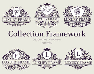 Luxury label or King place symbol element with decorative calligraphy object set. Template for classical card, invitation, identity cover design, packaging, hipster stamp. Vector illustration 