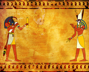 Grunge background with Egyptian gods images Toth and Horus