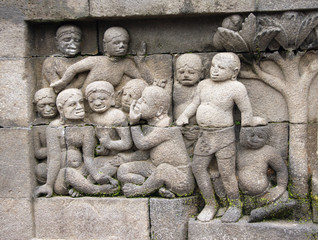 Ancient stone bas-relief, Buddist temple Borobudur, Yogyakarta