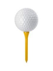 3D rendering golf ball on yellow tee isolated on white