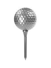 3D rendering Metal golf Ball on tee isolated on white