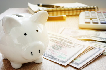 Savings or home budget concept. Calculator, dollar bills and piggy bank.