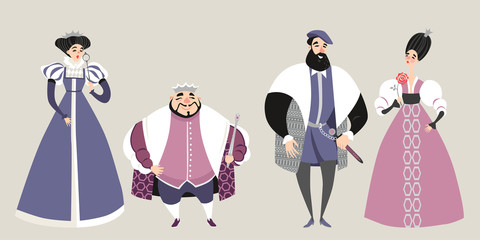 The royal  family. Fairy tale. Funny cartoon characters in historical costumes. Isolated king, queen, prince and princess