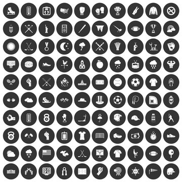 100 baseball icons set black circle