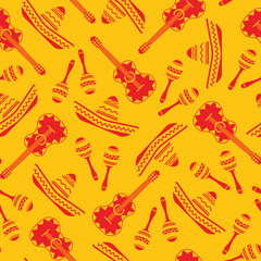 National mexican objects seamless pattern. Vector texture with sombrero, guitar and maracas in red color on yellow or orange background for event decoration, promo design or seamless fabric print
