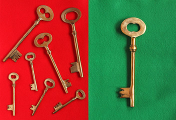 seven golden keys in different direction on red felt and one big
