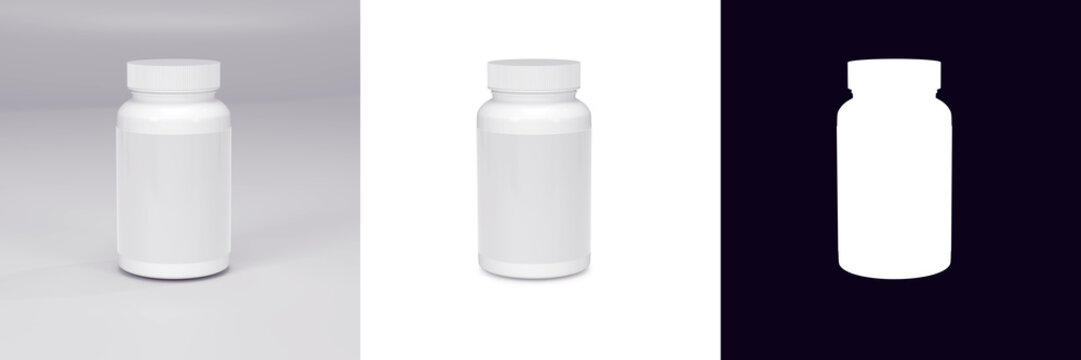 Blank Plastic Packaging Bottle with Cap for Pills Isolated on White Background. Food supplement package for capsules. Alpha mask included.