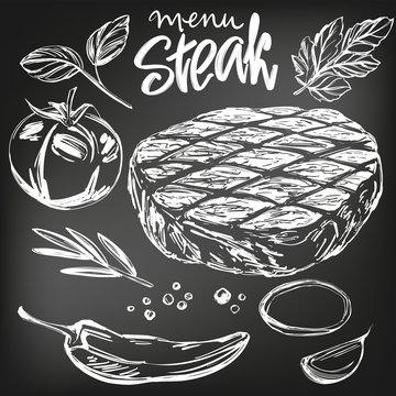 food meat, steak, roast, vegetable set, hand drawn vector illustration realistic sketch , drawn in chalk on a black board