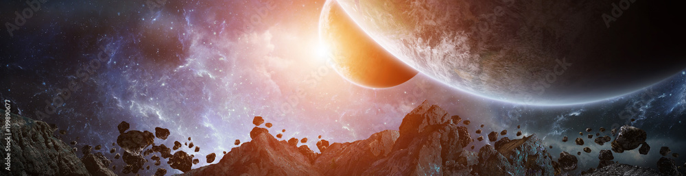 Poster panorama of distant planet system in space 3d rendering elements of this image furnished by nasa