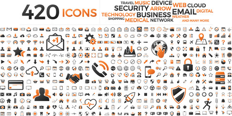Black and orange web business technology icons set - obrazy, fototapety, plakaty