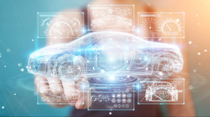 Businesswoman using modern smart car interface 3D rendering