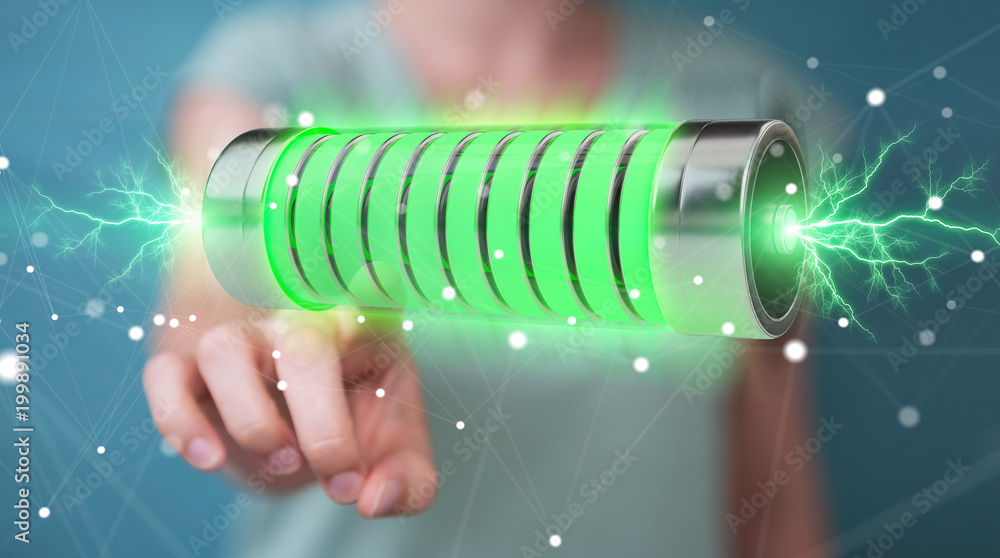 Poster Businessman using green battery with lightnings 3D rendering